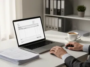 Laptop z otwartym oknem deinstalacji programu Comarch Optima, pasek postępu na ekranie w spokojnym, domowym biurze.