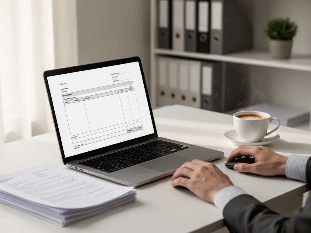 Osoba wystawiająca fakturę proforma w Comarch na laptopie, uporządkowane dokumenty i spokojna, biurowa atmosfera.