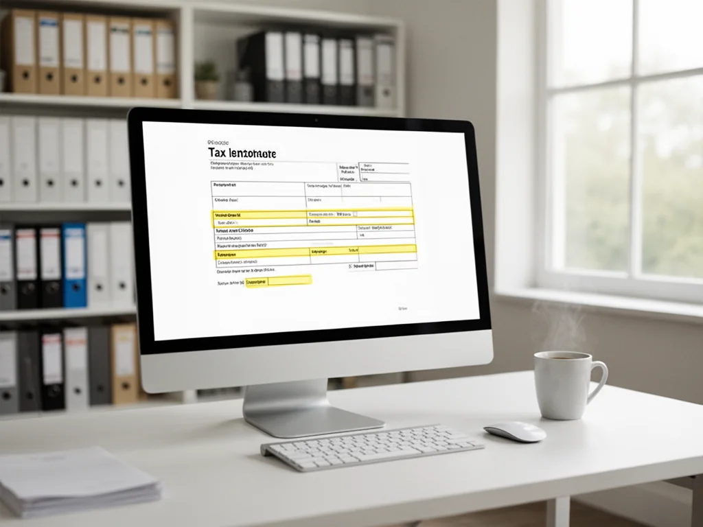 Monitor z otwartym formularzem VAT na biurku w uporządkowanym biurze, podkreślający pracę nad korektą deklaracji w programie.