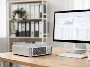 Osoba wystawiająca fakturę proforma w Comarch na laptopie, uporządkowane dokumenty i spokojna, biurowa atmosfera.