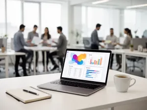 Laptop z otwartym panelem programu, dłoń na myszy gotowa do uruchomienia Comarch Optima w uporządkowanym biurze.