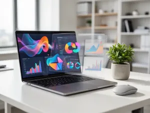 Mężczyzna pracujący przy laptopie w nowoczesnym biurze, korzystający z panelu użytkownika w profesjonalnym otoczeniu.
