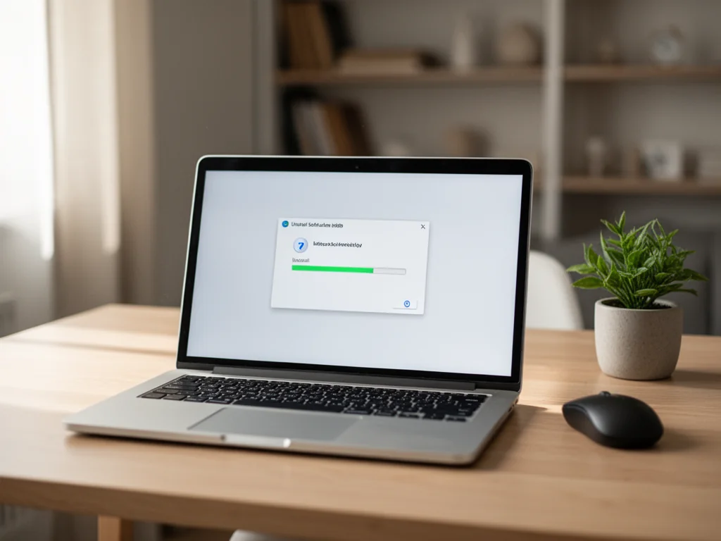 Laptop z otwartym oknem deinstalacji programu Comarch Optima, pasek postępu na ekranie w spokojnym, domowym biurze.