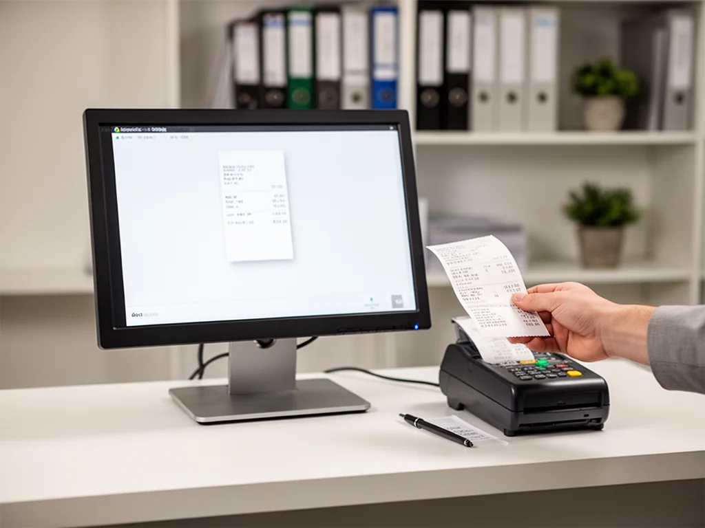 Stanowisko POS z paragonem w ręku przy monitorze, ilustrujące obsługę i korektę paragonu w Comarch.