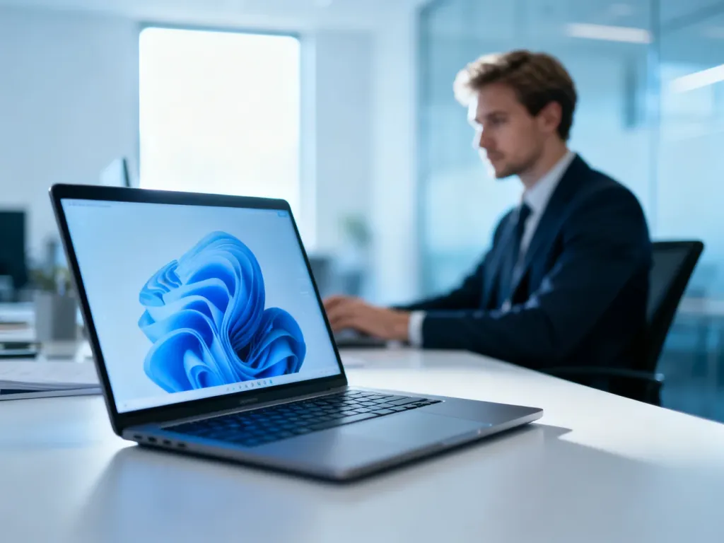 Pracownik biurowy korzystający z laptopa przy profesjonalnym stanowisku pracy, symbolizujący dostęp do platformy cyfrowej.