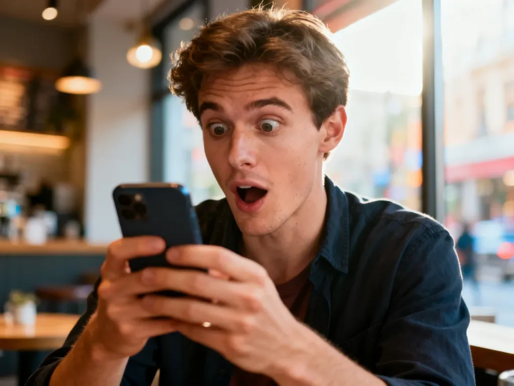 Młody mężczyzna z niedowierzaniem patrzy na ekran smartfona, wyrażając zdziwienie typowe dla reakcji „bruh”.