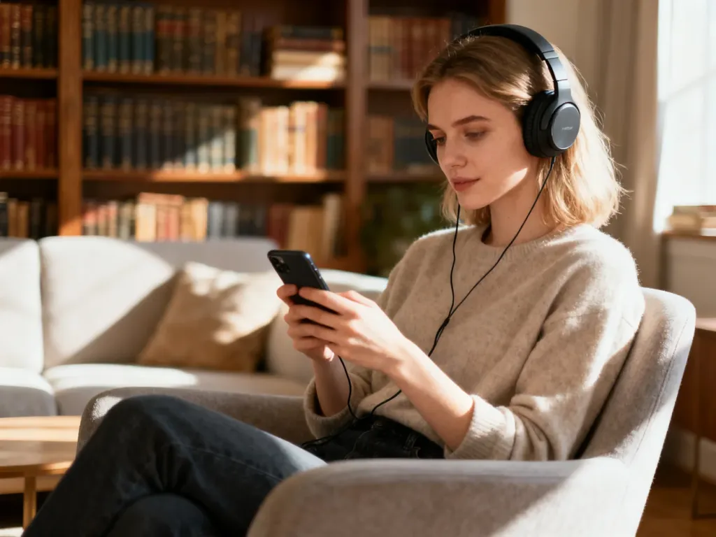 Kobieta w słuchawkach słuchająca audiobooka w przytulnym salonie z regałem pełnym książek w tle.