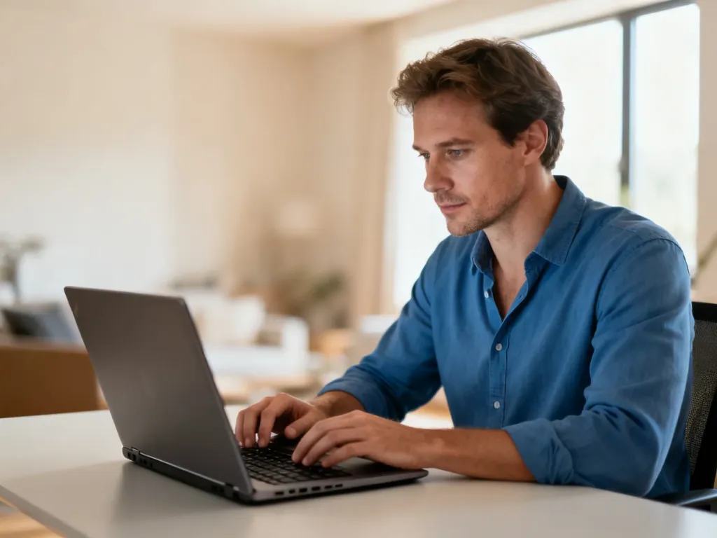 Mężczyzna pracujący przy laptopie w nowoczesnym biurze domowym, skupiony na obsłudze spraw urzędowych online.