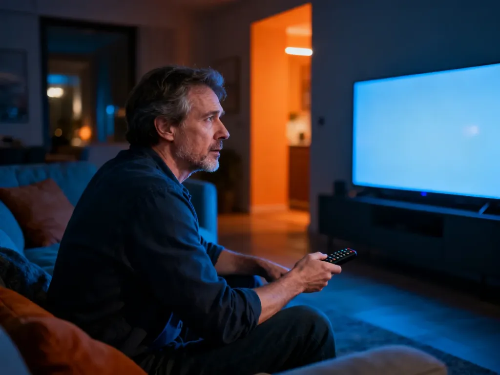 Zirytowany mężczyzna z pilotem przed wyłączonym telewizorem, ilustrujący problem z połączeniem sieciowym w Netflixie.