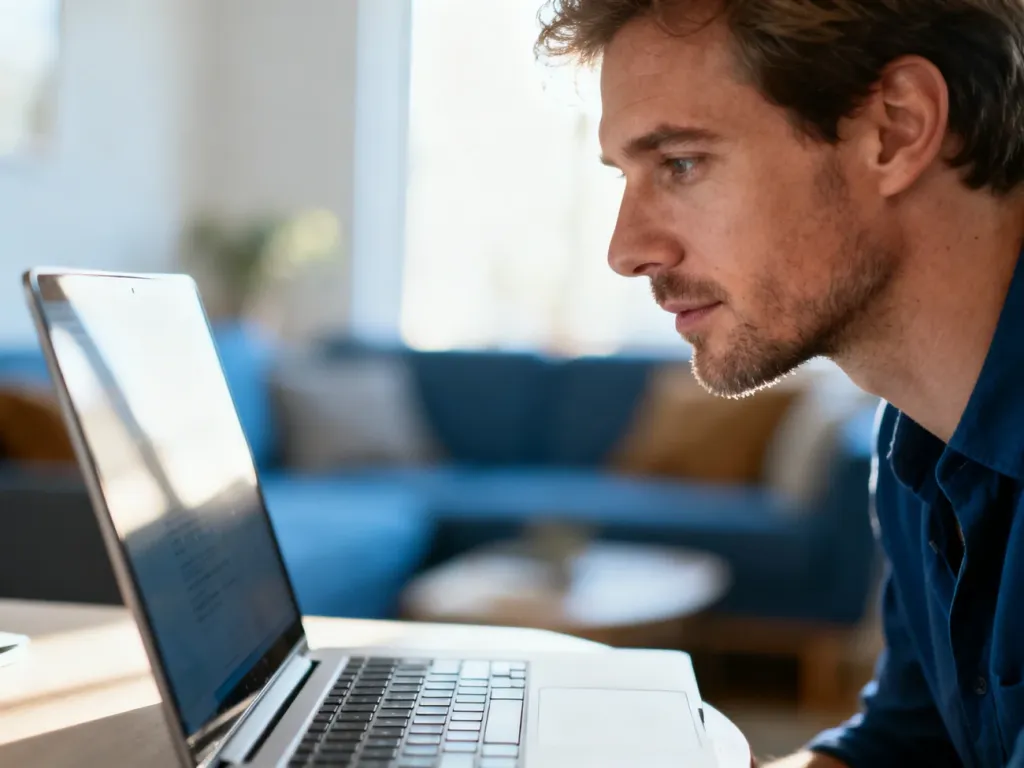Mężczyzna korzystający z laptopa w jasnym, minimalistycznym biurze domowym.