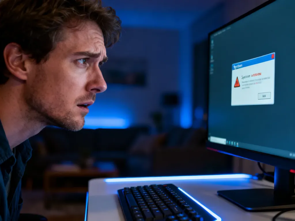 Zirytowany mężczyzna przed monitorem z błędem systemowym, ilustrujący problem z brakującym plikiem DLL.