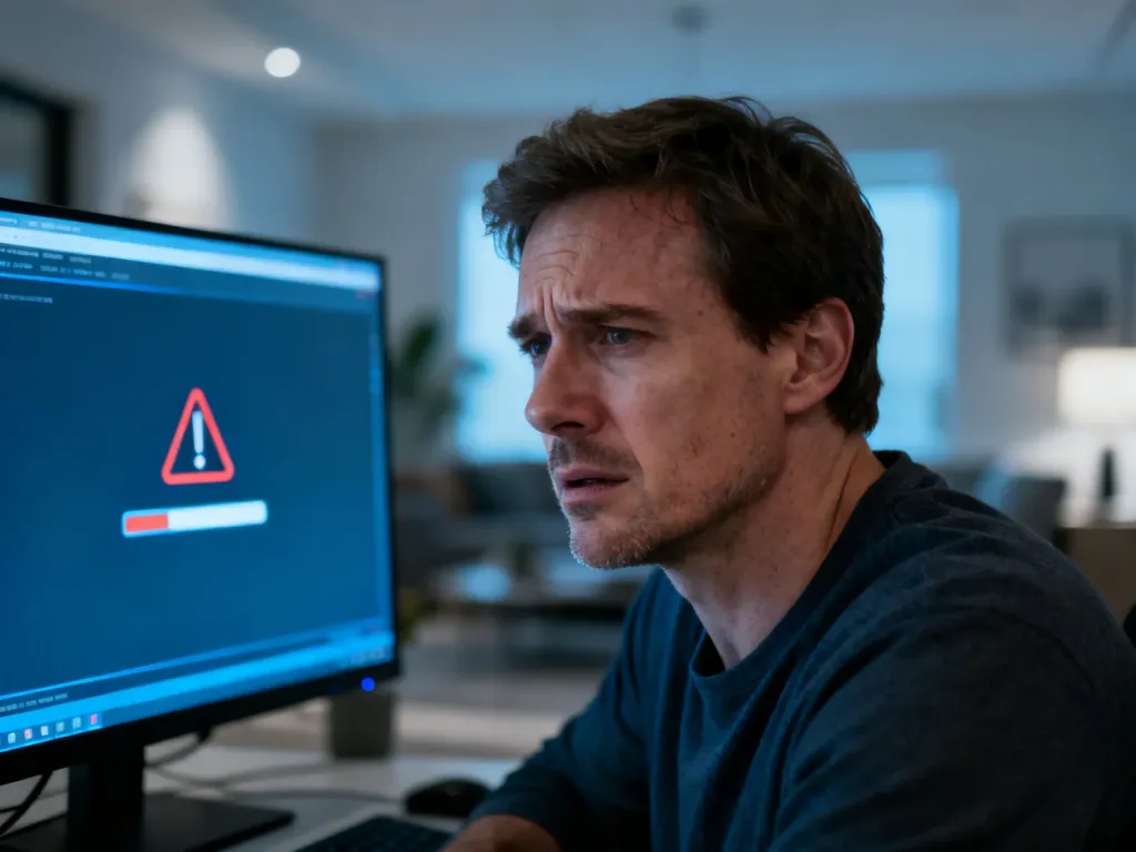 Zirytowany mężczyzna przed monitorem z błędem systemowym, ilustrujący problemy z instalacją oprogramowania.