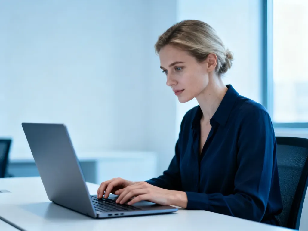 Kobieta pracująca przy laptopie w nowoczesnym biurze, symbolizująca obsługę systemu BDO.