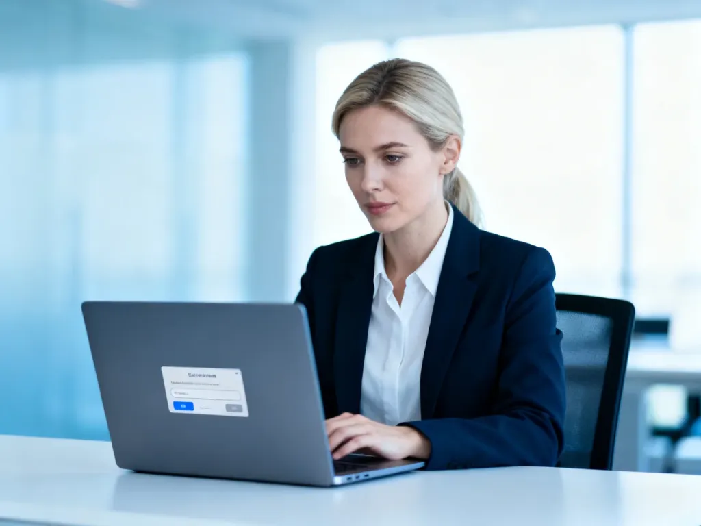 Kobieta pracująca przy laptopie w nowoczesnym biurze, logująca się do aplikacji Microsoft Teams.