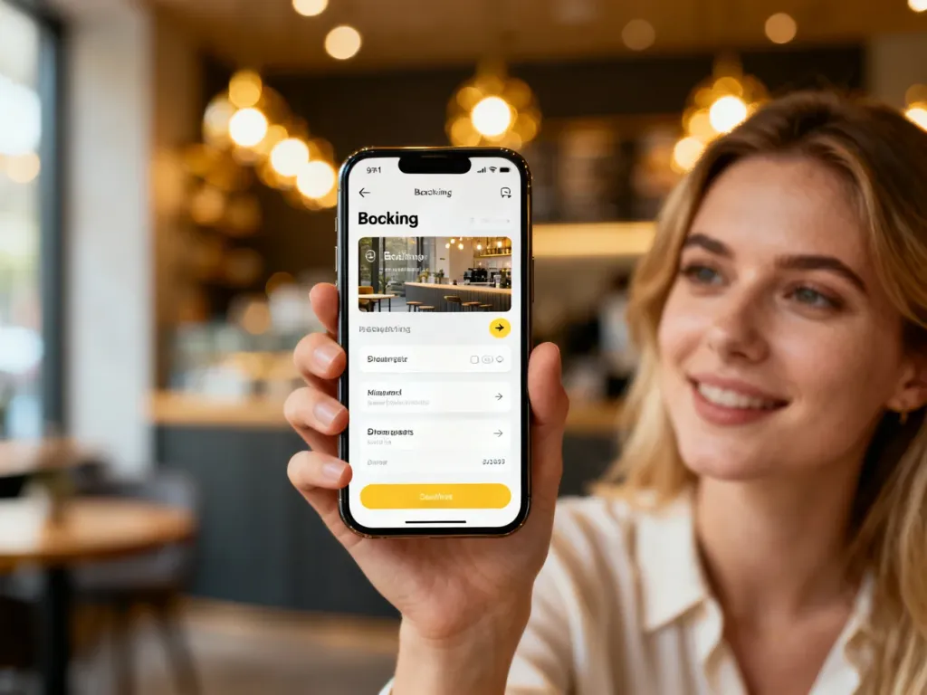 Kobieta trzymająca smartfon z otwartą aplikacją Booksy w przytulnej kawiarni, co ułatwia rezerwację wizyt online.