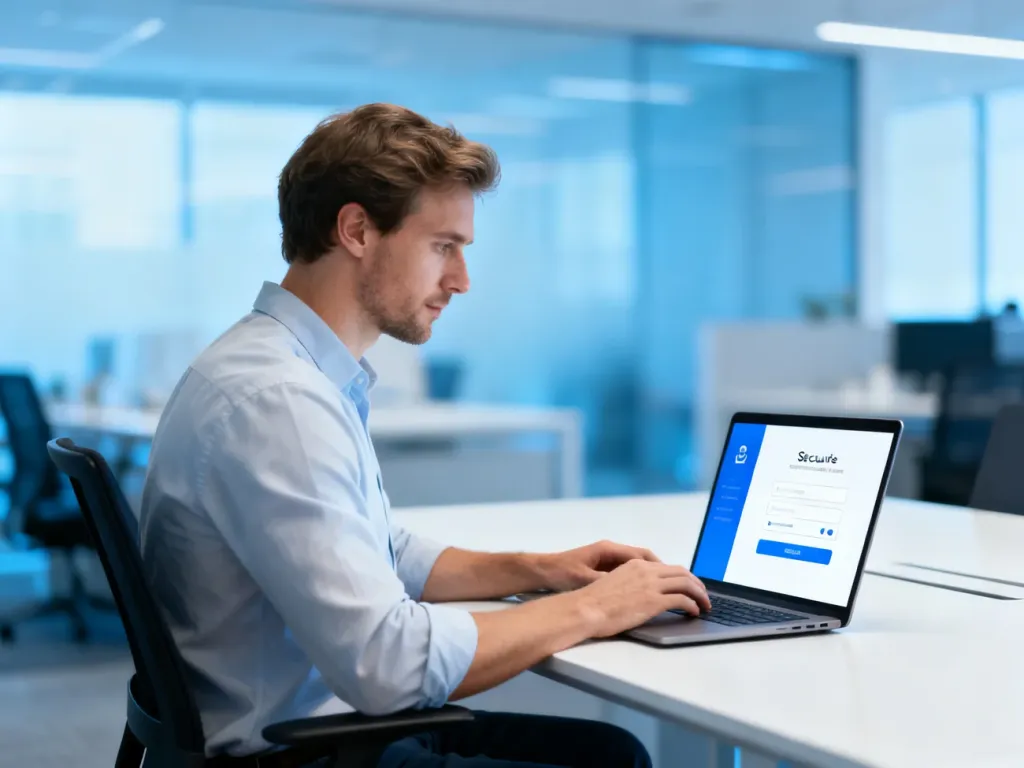 Mężczyzna przy biurku loguje się na laptopie do systemu cyfrowego w nowoczesnym, profesjonalnym biurze.