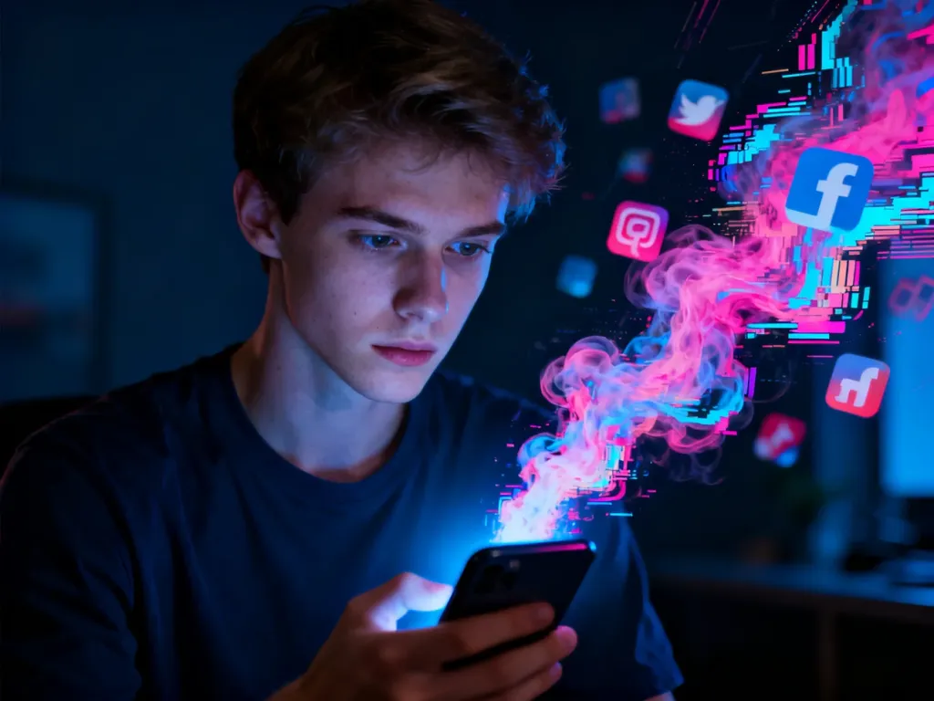 Młody mężczyzna wpatrzony w smartfon, z którego wydobywa się cyfrowy chaos, symbolizujący zjawisko brainrot.